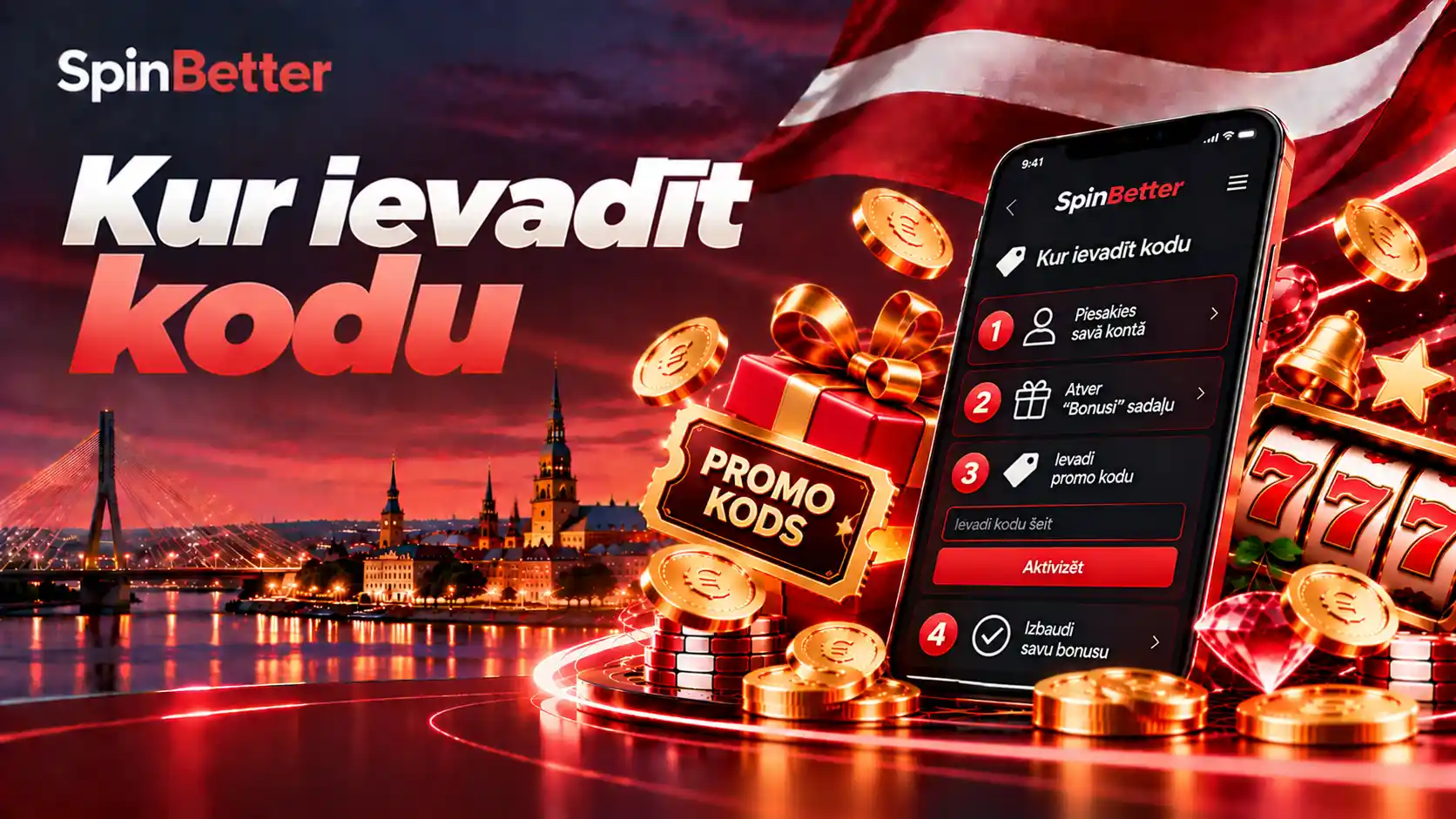 Četru soļu shēma SpinBetter lietotnē: pieteikšanās, sadaļa Bonusi, promo koda ievade un bonusa izvēle