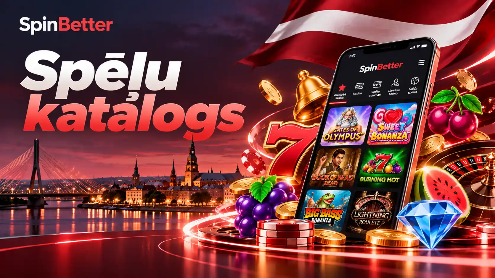 SpinBetter spēļu katalogs mobilajā ierīcē ar Gates of Olympus, Sweet Bonanza, Book of Dead, Burning Hot, Big Bass Bonanza un Lightning Roulette