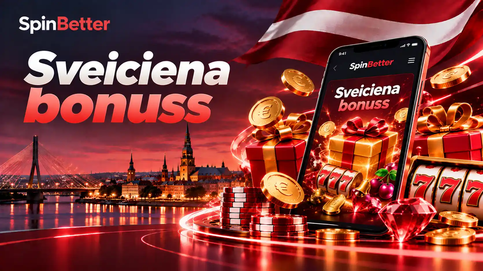 Sveiciena bonusa ekrāns SpinBetter lietotnē ar eiro monētām un dāvanu kastēm