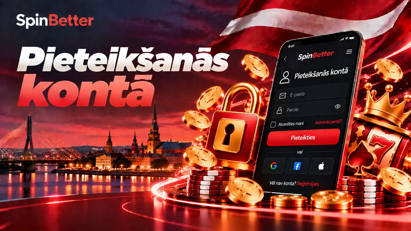 Ieejas ekrāns SpinBetter lietotnē ar e-pasta un paroles laukiem, pogu Pieteikties un Google, Facebook un Apple ikonām