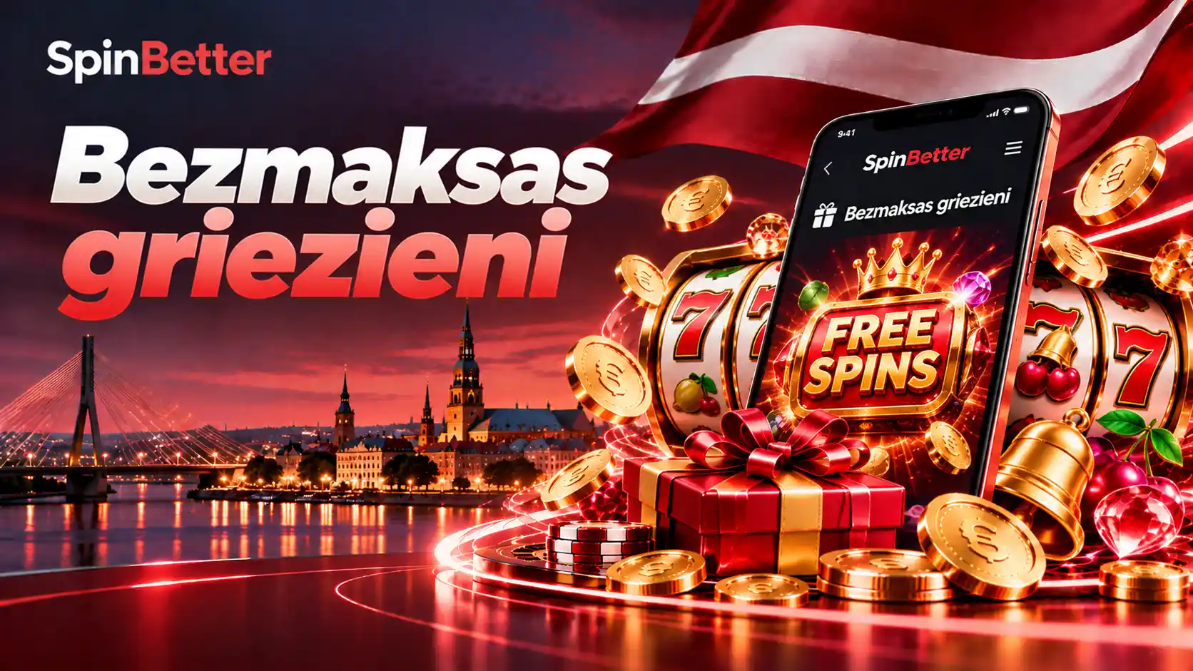 Bezmaksas griezienu sadaļa SpinBetter lietotnē ar uzrakstu Free Spins, spēļu automātu un dāvanu kasti